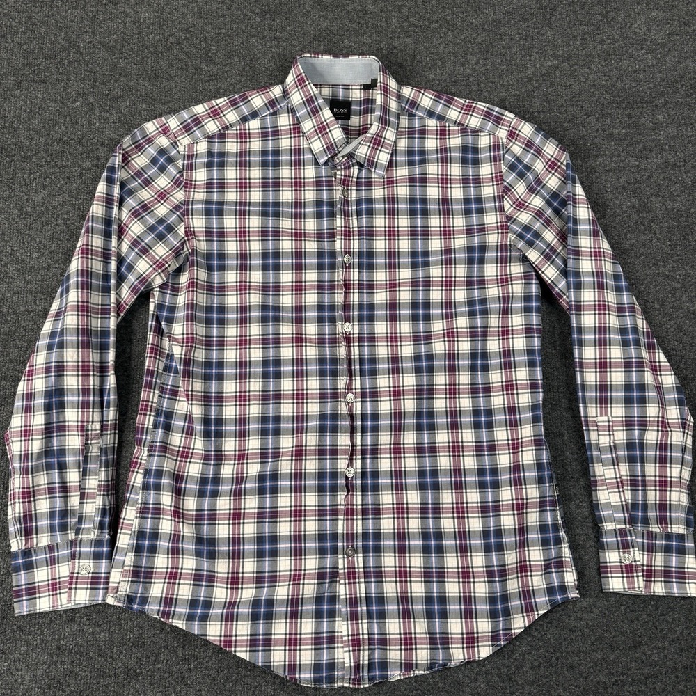 Hugo Boss Mens Slim fit Long Sleeve Button-Up Shirt Large Cream Purple Plaid EUC - Picture 1 of 8